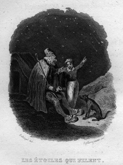 Stjernerne, der spinder Chanson de Beranger i ""Oeuvres completes"" (1834) af Pierre Jean de Beranger (1780-1857), fransk digter og sangskriver. af French School