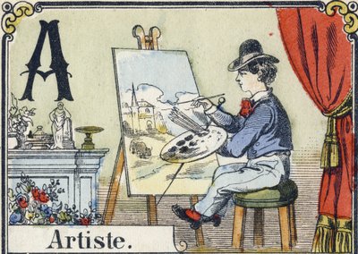 Bogstav A: kunstner. Rekreativt alfabet. Epinal billeddannelse. Stencilerede træstik, ca. 1880. Lille hæfte på 16 sider (205 x 150 mm). Privat samling af French School