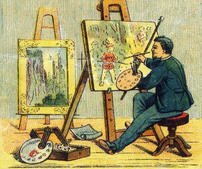 Bogstav A: maler i sit atelier. Indgravering i "ABC indeirable på lakeret lærred". A. Capendu, redaktør, Paris, slutningen af det 19. århundrede. Børneboghandel illustreret. 8 sider. Mål: 21,5 x 18 cm. af French School