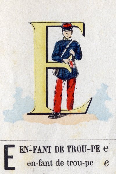 Bogstav E som tropsbarn. Militært alfabet. Billeddannelse af Epinal, omkring 1870-1880. Stencilfarvede træsnit af French School