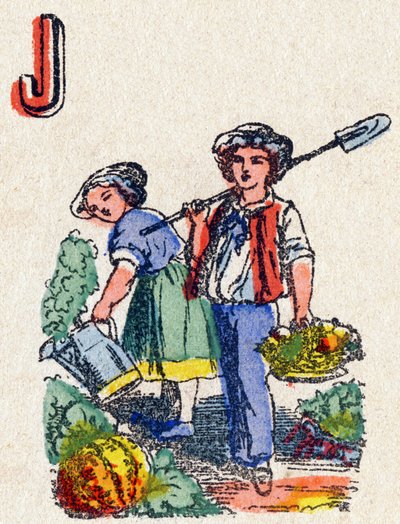 Bogstav J Gartnere. Indgravering i "Alphabet des jeux"". Hr. Vagne, redaktør, Pont-a-Mousson, slutningen af det 19. århundrede. Pink serie. 12 sider. Album indeholdende en forenklet læsemetode og et illustreret abecedary. Mål: 16,5 x 11 cm af French School
