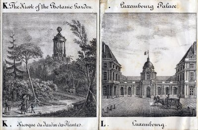 Bogstav K Kiosk af Jardin des Plantes og L Palais du Luxembourg - "Alphabet Picturesque des Monumens de Paris" c.1840 (gravering) af French School
