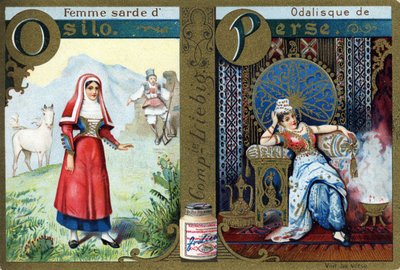 Bogstav O som sardinsk kvinde fra Osilo og P som Odalisk af Persien. Kvinders alfabet. Serie på 12 billeder. Liebig reklame af French School