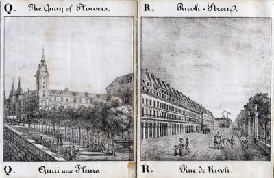 Bogstav Q og A: Blomsterdokken og Rivoli-gaden - "Alphabet Picturesque des Monumens de Paris" ca. 1840 (kobberstik) af French School