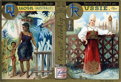 Bogstav Q som indfødt kvinde fra Quoin Island og R som Boyars kvinde i Rusland. Kvinders alfabet. Serie på 12 billeder. Liebig reklame af French School