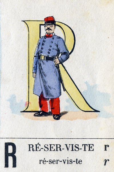 Bogstav R som reservist. Militært alfabet. Billeddannelse af Epinal, omkring 1870-1880. Stencilfarvede træsnit af French School