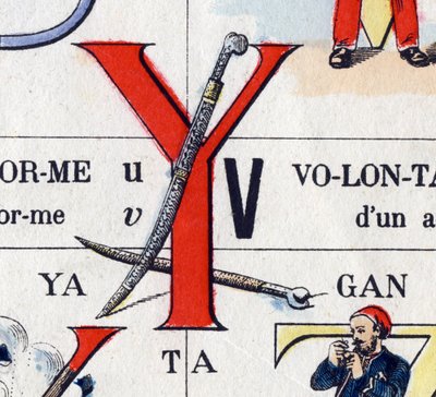 Bogstav Y som yatagan. Militært alfabet. Billeddannelse af Epinal, omkring 1870-1880. Stencilfarvede træsnit af French School