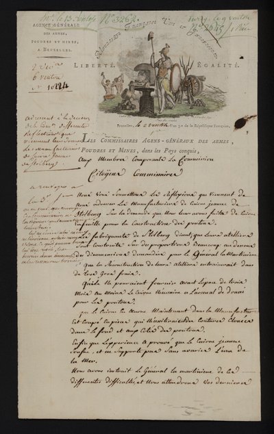 Brev fra Agence Generale des Armes, Poudres et Mines, Bruxelles, efter at det sydlige Holland blev annekteret af Frankrig af French School