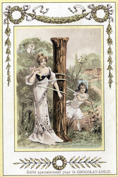 Brev, der repræsenterer en mor og datter, der leger, slutningen af det 19. århundrede (kromolitografi) af French School