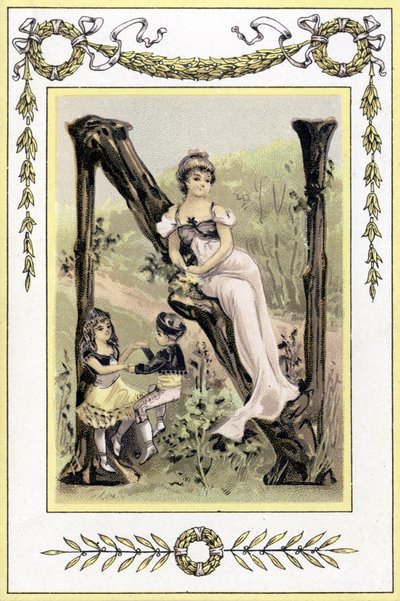 Brev, der repræsenterer en mor og hendes børn, der danser, slutningen af det 19. århundrede (kromolitografi) af French School