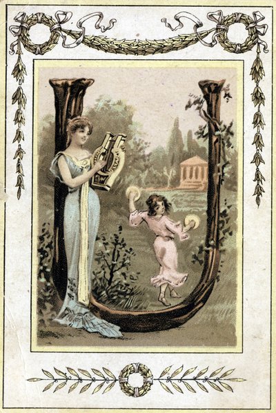 Brev, der repræsenterer en mor, der spiller lyre, og hendes datter danser med pauker, slutningen af det 19. århundrede (kromolitografi) af French School