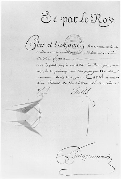Lettre de Cachet af kong Louis XV til at fængsle Abbe Faguer, 2. august 1761 (pen og blæk på papir) af French School