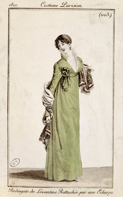 Levantinsk frakke fastgjort af et tørklæde, modetallerken fra Costume Parisien, 1810 af French School