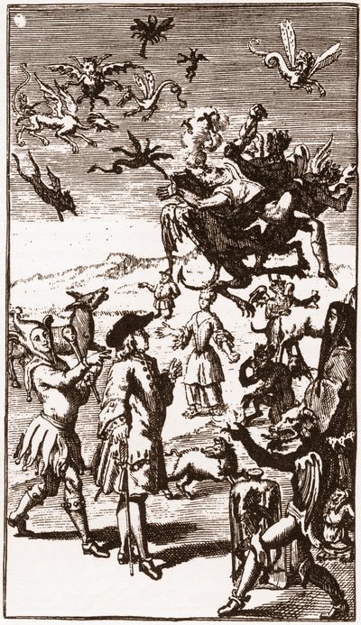 Fremkaldelsen af ​​dæmoner, indgravering fra 1710 i "Historien om Monsieur Oufles ekstravagante fantasi" af Laurent Bordelon (1653-1730) af French School