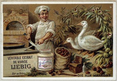 Liébig opskrifter: gås med kastanjer - chromo. Liébig af French School