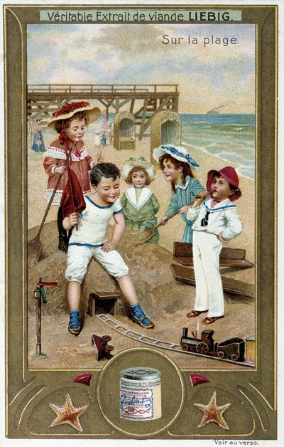 Liebig kromolitografiserie "" Beach Game"" af børn. sd. 19. århundrede af French School