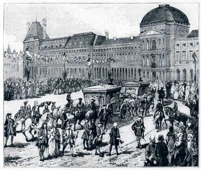 Livet under Ludvig XV: kongen ankommer til Palais des Tuileries, hvor dronningen og delfinen venter på ham - i "Paris gennem århundrederne" af Genouillac af French School