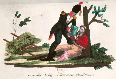 Linjegrenadier hjælper en såret russisk soldat (farvet indgravering) af French School