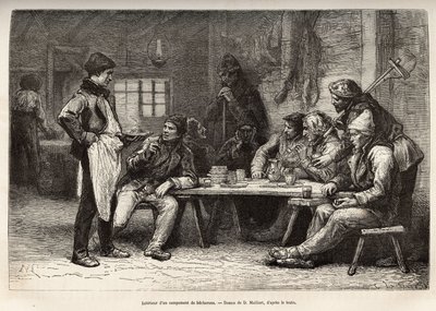 Det indre af en woodcheron-lejr i Ontario, gravering efter en tegning af D. Maillard, illustrerende udflugten til Canada og til Northern Red River, af H. De Lamotte, i 1873, udgivet i "" Le world tour""" 1875 , redigeret af Edouard af French School