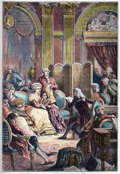 Litterær Salon - Læsning af "" Paul og Virginie"" af Jacques-Henri Bernardin fra Saint-Pierre (Saint Pierre) i Madame Neckers saloner i Paris - sammen med Mme Necker hendes mand Jacques Necker og hendes datter Germaine, senere Mme de Stael - Foredrag af French School