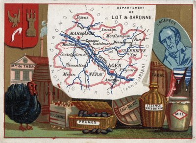 Lot og Garonne (Lot-et-Garonne, 47), Aquitaine, Frankrig. Tobaksfabrik, kalkunavl, vin, propper, blommer, brandy, benzin. Portræt af Bernard Germain Etienne de Laville-sur-Illon, greve af Lacepede (eller de la Cepede af French School