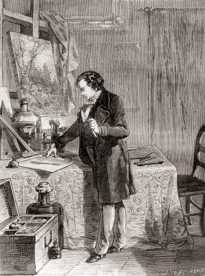 Louis-Jacques-Mandé Daguerre opfinder den fotografiske proces daguerreotypi i det 19. århundrede, fra Les Merveilles de la Science, udgivet ca. 1870 (gravering) af French School