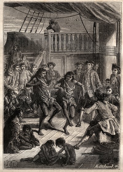 Louis Antoine, greve af Bougainville (1729-1811) modtog indbyggerne i Bay Fortescue (Detroit of Magellan) i sin båd "" La Boudeuse""" i 1768 - illustration fra "The Great Mariners of the 18th century" af French School
