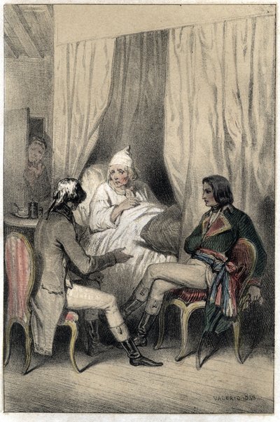 Louis Antoine Fauvelet de Bourienne (1769-1834), fransk diplomat og administrator, og general Napoleon Bonaparte (1769-1821) bad en syg gammel kapitalist om penge til det italienske felttog. Tallerken taget fra "" Scenes de la vie des hommes famous""" grav af French School
