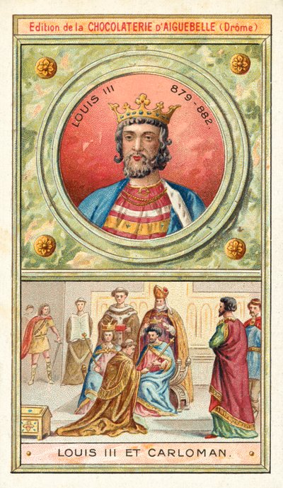Ludvig III og hans yngre bror Carloman II, fælleskonger af Frankrig, 9. århundrede (chromolitho) af French School