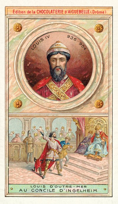 Ludvig IV af Frankrig ved koncilet i Ingelheim, 948 (chromolitho) af French School