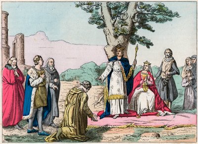 Louis IX, dit "Saint-Louis"" (1214-1270) yder retfærdighed til alle sine undersåtter i Bois de Vincennes - Saint Louis (1214-1270) yder retfærdighed - Indgravering af slutningen af det 19. århundrede i "Nos Gires Nationales - Billeder og oplæsninger"" af French School