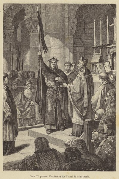 Louis VII tager banneret fra Saint-Denis alter (gravering) af French School