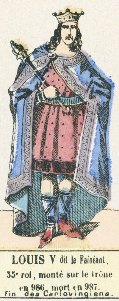 Louis V dit le Faineant, 35. konge, besteg tronen i 986, døde i 987, Karlovingernes ende (farvestik) af French School