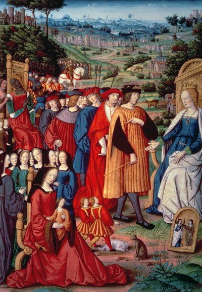 Ludvig XII, kardinal Georges af Amboise (1462-1515), Anne af Bretagne og Claude af Frankrig, fra Remedies and Fortunes af Petrarch, 1503 af French School