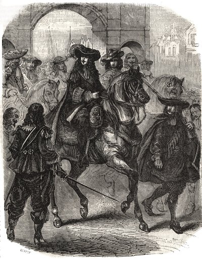 Ludvig XIV (1638-1715) og hans hustru Marie Therese (Marie-Therese) af Østrig (1638-1683) gik ind i Paris i 1660. Indgravering i "" Histoire de France"" af L.-P. Anguetil af French School