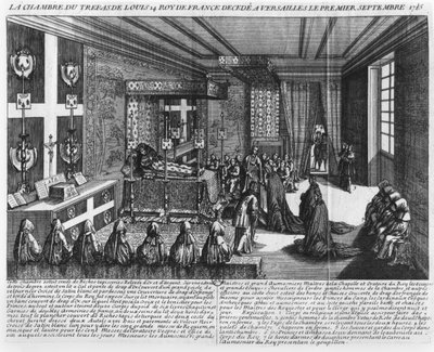 Ludvig XIV (1638-1715) på sit dødsleje i Versailles, 1. september 1715 af French School