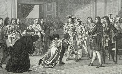 Solkongen Ludvig XIV (1638-1715) præsenterer sit barnebarn Philippe V (1683-1746) for de spanske udsendinge fra 