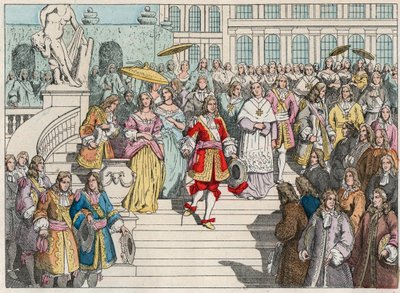 Ludvig XIV (Louis 14) og hans hof i Versailles - Ludvig XIV af Frankrig og hans hof i Versailles - Indgravering af slutningen af det 19. århundrede i "" Nos Gires Nationales - Images et recits"" af French School