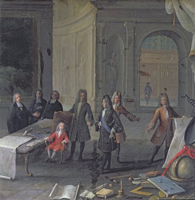 Ludvig XIV, der overværer en lektion af sit oldebarn, den fremtidige Ludvig XV, ca. 1715 af French School