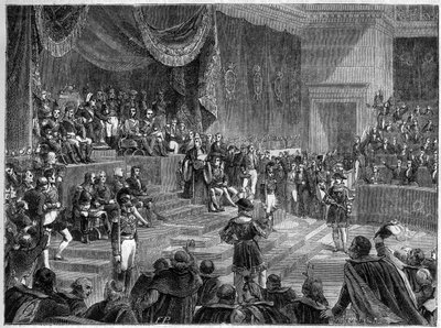 Ludvig XVIII og oprettelsen af det konstitutionelle monarki - konstitutionelt charter af 4. juni 1814 - Ludvig XVIII præsiderer over åbningen af kamrenes session den 4. juni 1814 i Palais Bourbon i Paris - i "Histoire de l