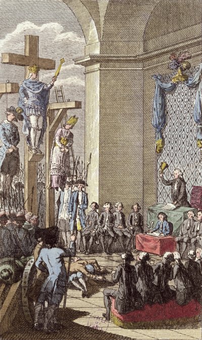 Ludvig XVI (1754-93) ved sin retssag, korsfæstet mellem adelen og gejstligheden, ca. 1792 af French School