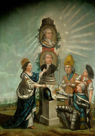 Ludvig XVI og hans finansminister Jacques Necker, beundret af de tre stænder i Frankrig, aristokratiet, præsteskabet og borgerskabet ... af French School