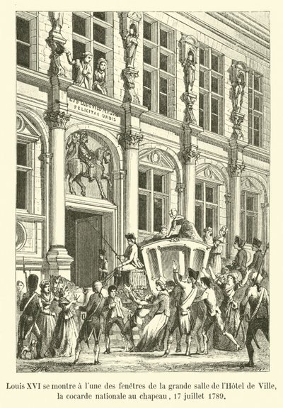 Ludvig XVI viser sig selv ved et af vinduerne i den store sal i Hôtel de Ville, den nationale kokarde på sin hat, 17. juli 1789 af French School