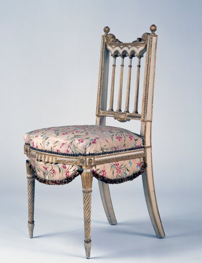 Louis XVI stil Second Empire (Napoleon III) stol af forgyldt træ og Lyon silke, 2. halvdel af 1800-tallet, Frankrig af French School