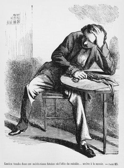 Lucien de Rubempre tænker på selvmord, illustration fra Splendeurs et Miseres des Courtisanes af Honore de Balzac, udgivet 1867 af French School