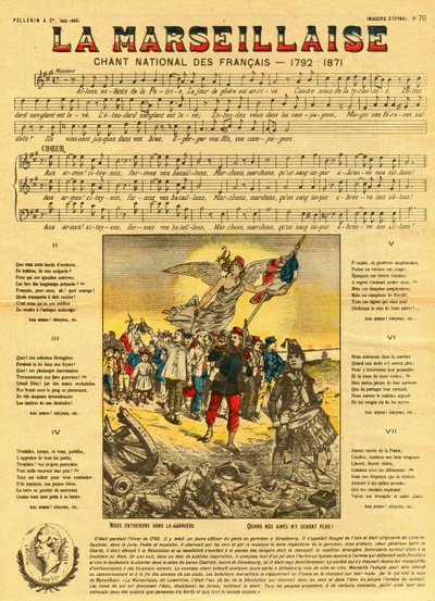 Tekst og musik til Marseillaisen, den franske hymne komponeret af Rouget de Lisle (Rouget de L