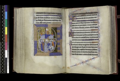 MS 300 f.177v-178r, måtter, jomfru og barn siddende mellem to vaser på bænken (ovenfor); Forræderi mod Kristus, hvor Judas kyssede Kristus, og Sankt Peter, der skærer Malchus