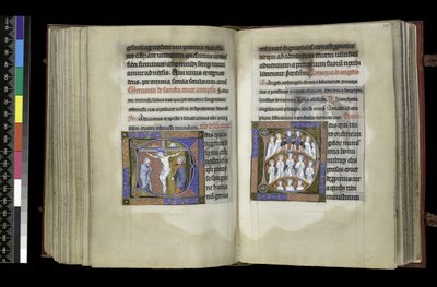 MS 300 f.198v-199r, Valgret til korset og englevalg, fra Isabellas salter og timer, Paris, ca. 1265-70 (pen & blæk og tempera på pergament) af French School