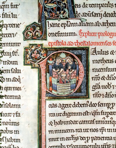 MS 3 Fol. 291v The Escape of Saint Paul fra Damaskus, belyst begyndelsesbogstav P, 13. århundrede, fra Avranches Bible af French School