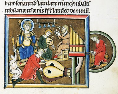 MS CXXXVII fol. 149r, Kong David holder psalteren og musikere spiller, fra Sankt Elizabeths Psalter (tempera & bladguld på vellum) af French School